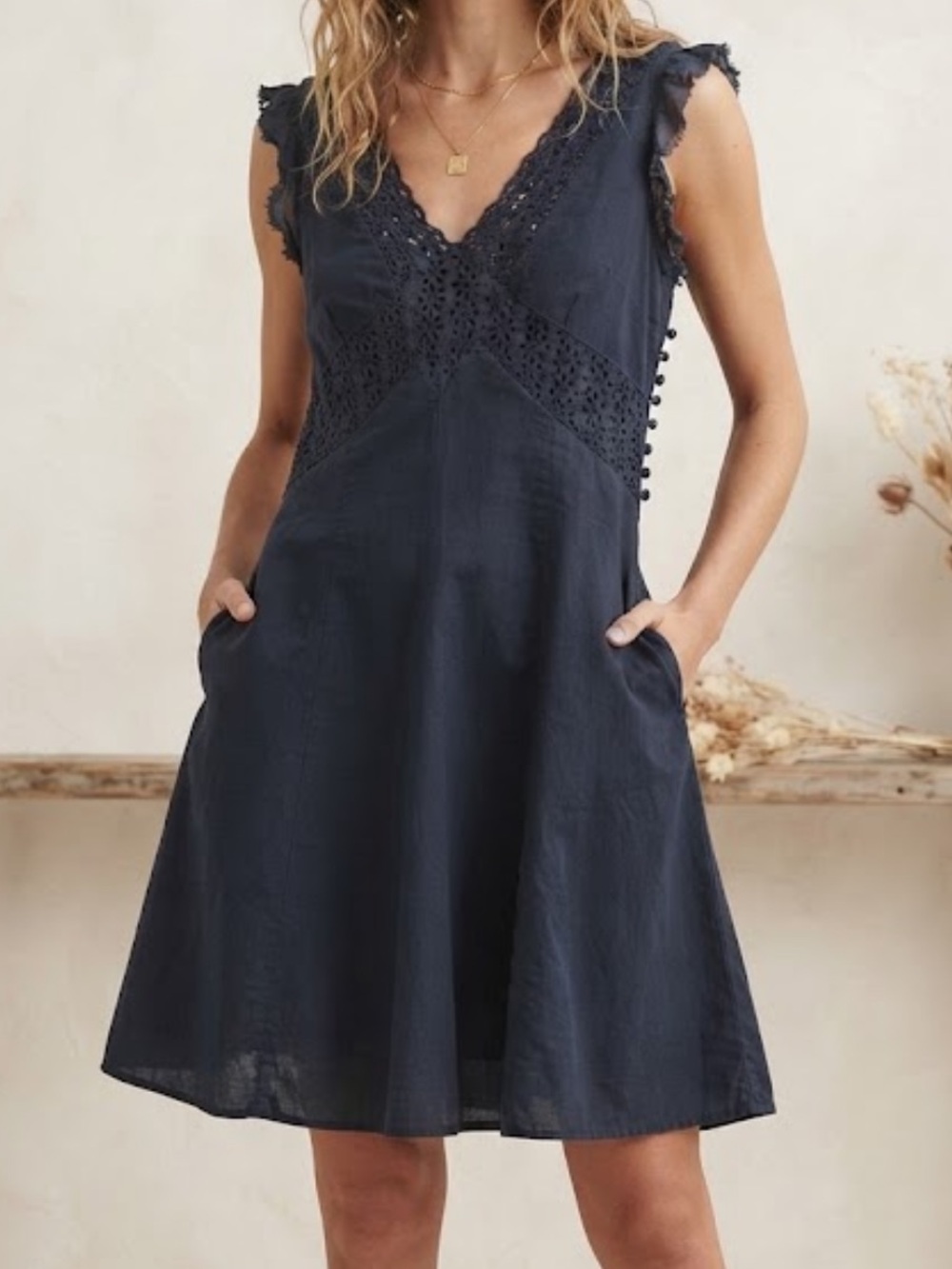 CHIRSTIANE CELLE Boho A-Line Dress Eyelet Flutter Sleeve XS
